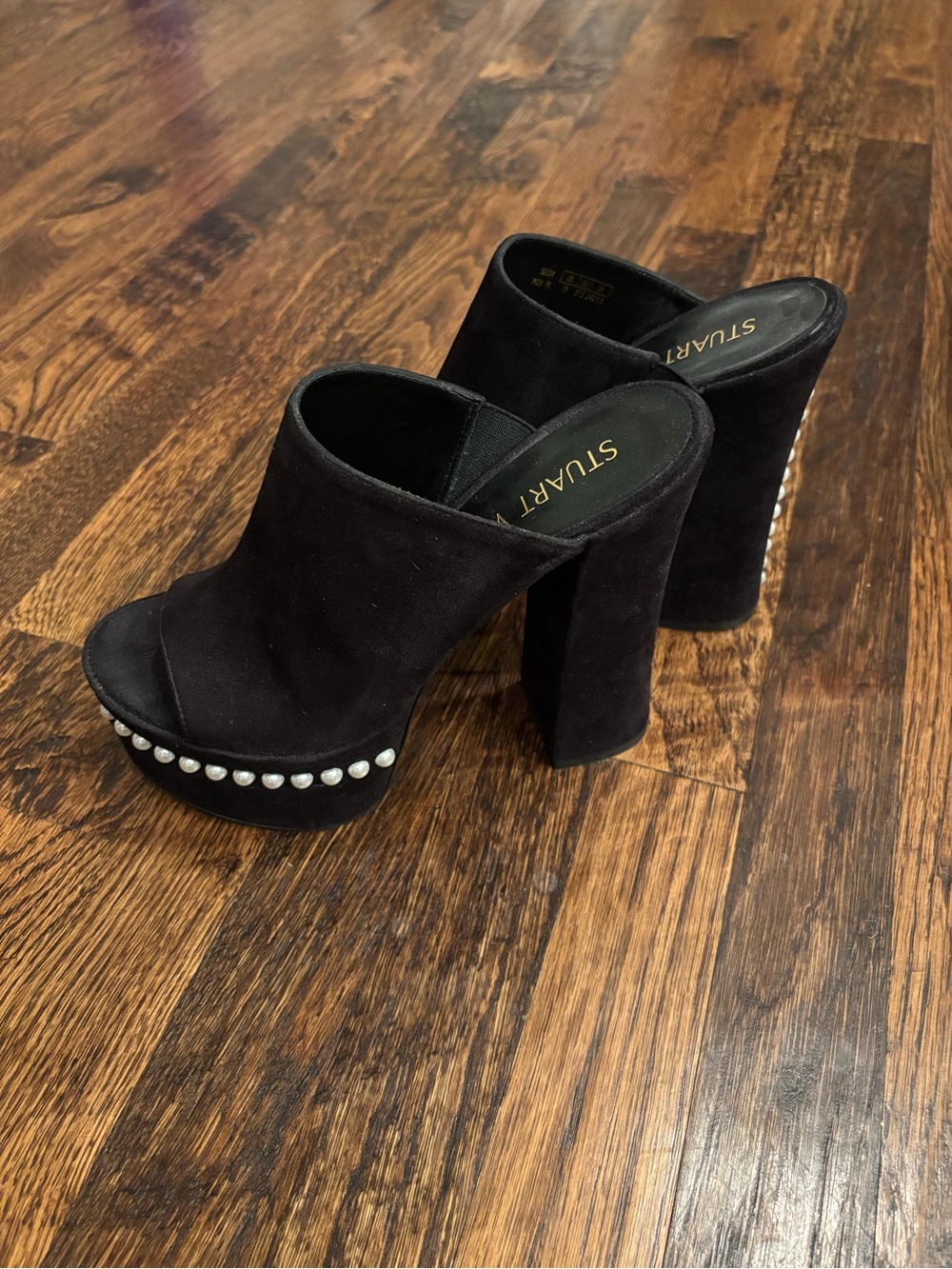 STUART Weitzman Black Suede Pearl-Trim Platform Mules Never Worn